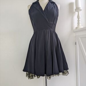 All that Jazz Black Halter Fit-and-Flare Dress with Gold Lace Trim